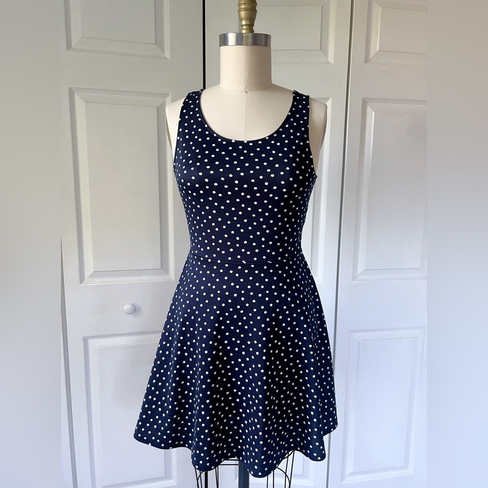 Divided by H&M Dark Navy Blue and White Polka Dot A-Line Dress